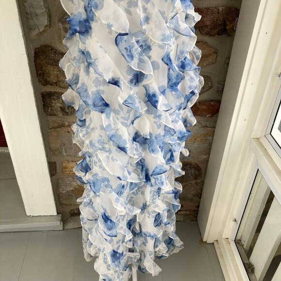 NWT BHLDN Anthropologie Jia Printed Bias-Cut Ruffled V-Neck Gown Blue $328 - Picture 5 of 12